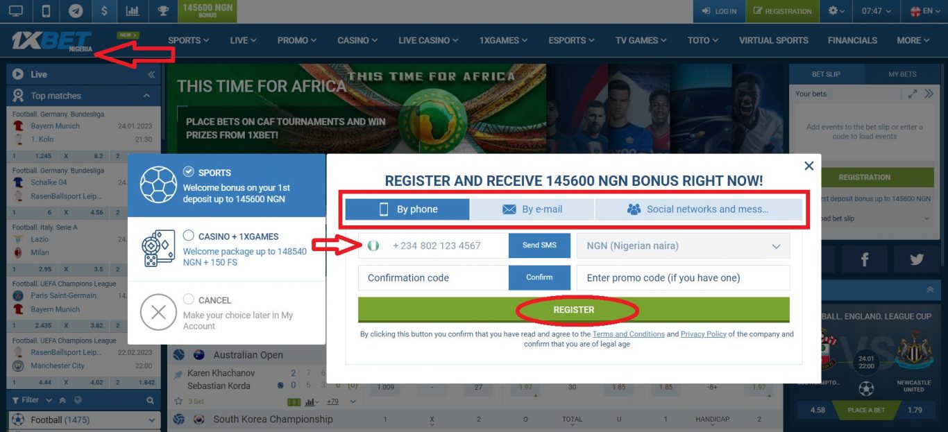 1xBet registration by phone number and SMS