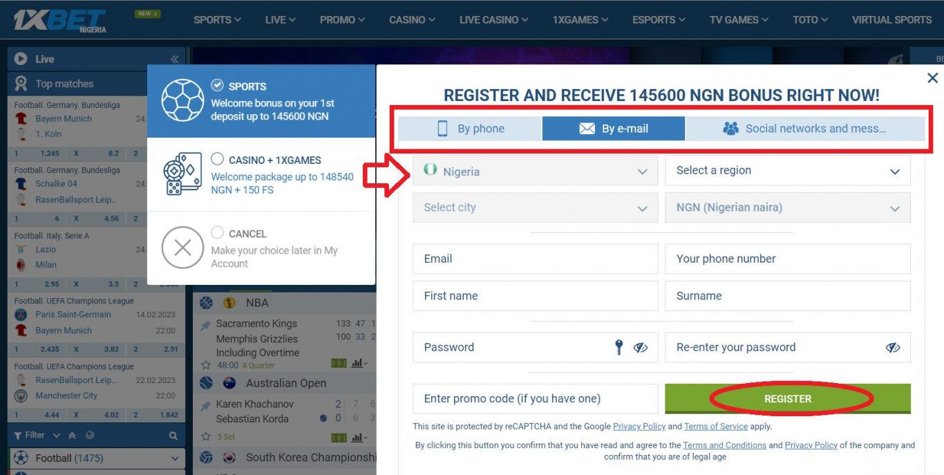 Register 1xBet account by email
